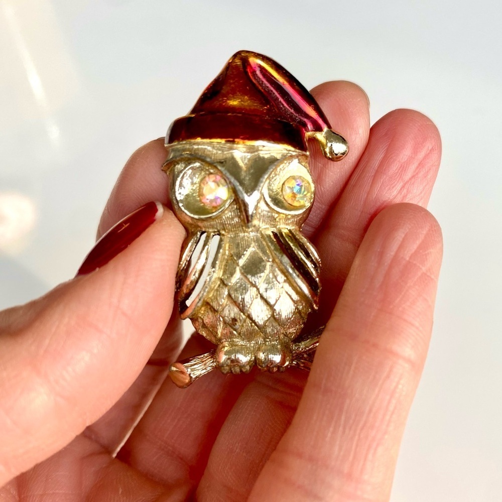 Vintage Signed TANCER II Rhinestone Owl Christmas Brooch Pin